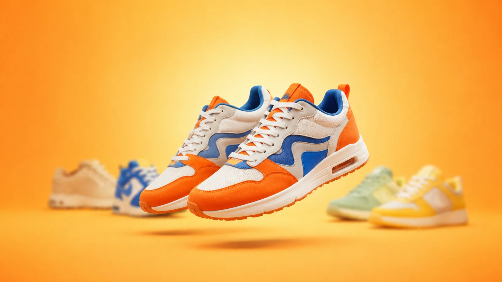 Sneaker oranye biru tampak tiga perempat